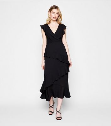 Black Frill Wrap Midi Dress | New Look